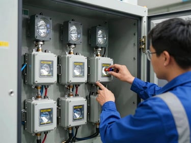 Close-up of a technician in high-vis gear inspecting a medium-voltage switchgear panel, industrial utility lighting, sharp detail.