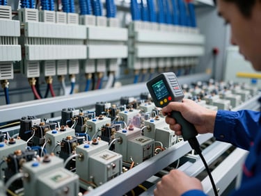 Technician using a thermal imaging camera to inspect electrical components in an industrial setting, high-contrast lighting, macro detail.