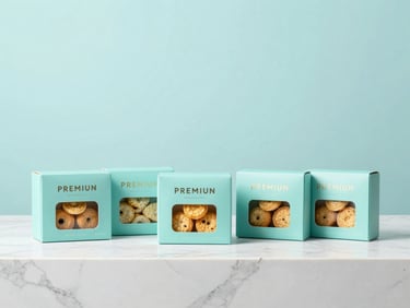 Premium packaged Indonesian snacks in elegant minimalist boxes on a clean cyan-tinted marble counter, bright studio lighting