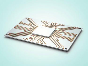 Sleek modern electronic circuit board with clean copper traces, high-key studio lighting, minimalist background