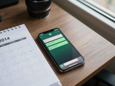 Overhead view of a work desk with a smartphone showing a WhatsApp scheduling confirmation message, a paper appointment calendar beside it, office window light, no people