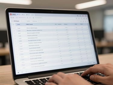 Close-up of a laptop screen showing a CRM-style lead list table with Turkish business names and status columns, hands resting on keyboard, overhead office lighting, no faces