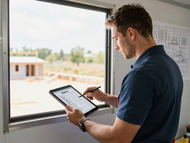 Medium shot of a contractor at a site trailer reviewing a digital offer document on a tablet screen, natural daylight through a window, construction drawings visible in background, no faces