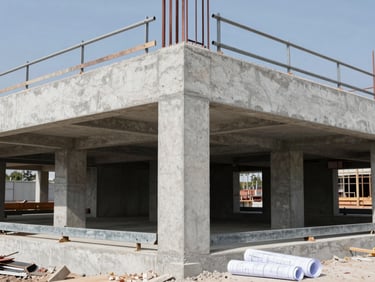 Clean construction site, concrete structure in early phase, sharp lines, natural daylight, industrial grey and steel tones, 35mm