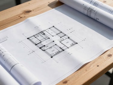Detailed technical blueprints spread on a clean wooden table, sharp natural daylight, industrial grey and steel tones, 35mm