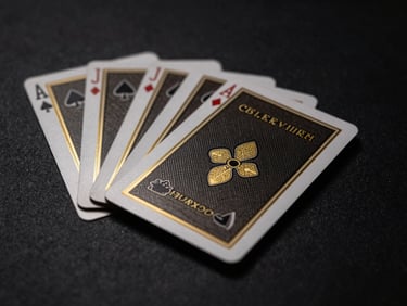 Close-up of physical premium gold-trimmed playing cards on a dark obsidian surface, dramatic low-key studio lighting