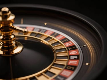Abstract dark-gold light trails sweeping past a luxury roulette wheel, high contrast, macro depth of field