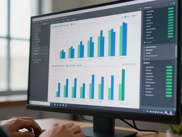 Close-up of a data dashboard on a monitor screen, showing bar charts and KPI metric cards with blue and green data points, office window light from the left casting clean daylight across the screen, hands resting at keyboard edge visible in lower frame