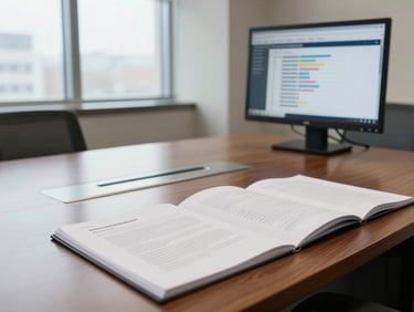 Wide-angle view of a law office conference table with open case files and a monitor showing a legal matter profitability chart, north-facing window daylight, no people visible, clinical and precise