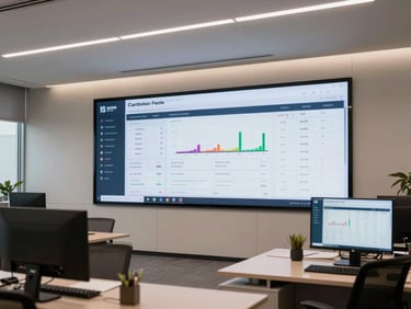 Real estate brokerage office interior with a large screen showing a property pipeline dashboard with deal velocity metrics, clean overhead office lighting, no people, wide framing showing desk and screen in context