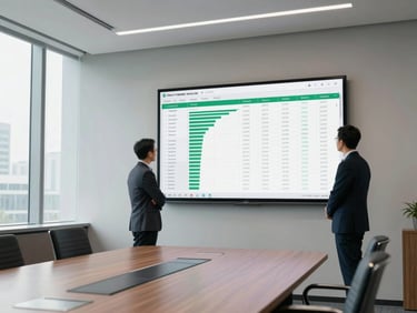 Wide shot of a law firm conference room, two partners standing at a large wall-mounted screen displaying automated reporting dashboards with green metric indicators, north-facing daylight through floor-to-ceiling windows, clean desk surfaces visible in foreground