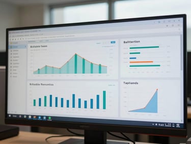 Wide-angle view of a large monitor on a legal office desk showing a real-time dashboard with billable utilization charts and matter profitability graphs, north-facing daylight through office windows, tight crop on the screen surface
