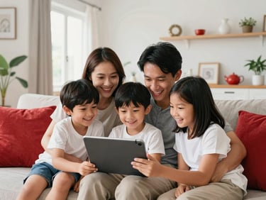Bright modern Indonesian family in a living room streaming a movie together on a tablet, warm natural light, red home decor accents, 35mm photography