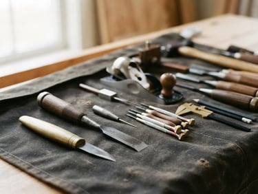 Close-up of clean tools neatly organized on a dark protective drop cloth under soft natural daylight, shallow depth of field, 35mm