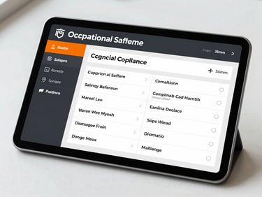 Sharp medium-close up of a modern tablet displaying a clean occupational safety compliance dashboard, high contrast daylight, professional slate and orange accents, 35mm photography
