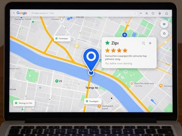 Overhead flat-lay of a laptop screen showing a Google Maps view with multiple map pins in a single zip code, one pin enlarged and labeled with a star rating and review count callout, screenshot-native lighting