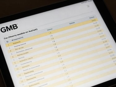 Close crop of a tablet screen showing a GMB profile audit report with a ranked list of missing fields highlighted in amber, screenshot-native flat lighting, no physical props visible