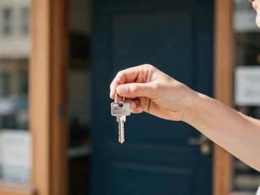 Close-up of a local business owner's hands holding keys in front of a warm, sunlit storefront, soft natural daylight, muted navy tones.