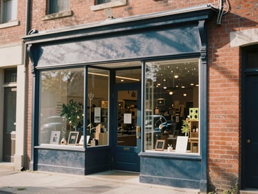 A warm, natural light photograph of a local brick-and-mortar storefront in a historic neighborhood, soft morning shadows, 35mm film style