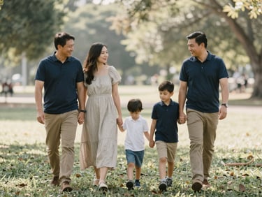 A warm, candid portrait of a family walking together in a sunlit park, soft natural daylight, muted earth tones, shallow depth of field.