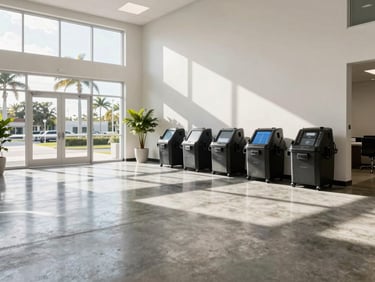 Wide angle photo of a clean modern commercial office lobby with polished concrete floors reflecting bright morning Florida sunlight through large windows, professional maintenance gear neatly positioned.