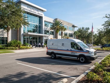 Bright morning sunlight illuminating a marked service vehicle parked outside a modern commercial building in Palmetto, crisp details, 35mm lens.