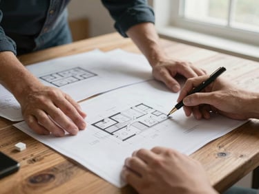 Hands reviewing architectural blueprints and structural reports on a rustic oak table, soft morning window light, professional focus.