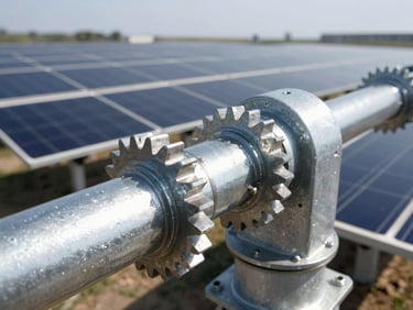 Close-up macro detail of a heavy mechanical solar tracker connection, galvanized steel gears under bright daylight, crisp engineering focus.