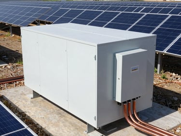 Industrial electrical inverter housing on-site at a solar farm, thick copper cables neatly routed, clean technical installation, bright daylight.