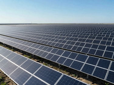 Rows of utility-scale solar panels stretching to the horizon under clear morning sun, clean geometric alignment, high-contrast daylight.