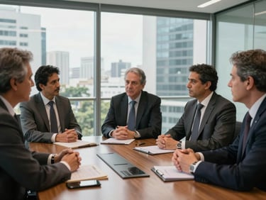 A small-group strategy meeting of senior executives in a modern, glass-walled boardroom in São Paulo, natural daylight, candid expressions, sophisticated atmosphere
