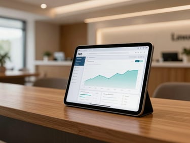 A modern tablet displaying a clean cloud PMS dashboard with occupancy graphs, resting on a polished wooden reception desk under warm architectural lighting.
