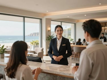 A professional hotel receptionist welcoming guests in a beautifully lit, contemporary coastal resort lobby, soft natural light, 35mm
