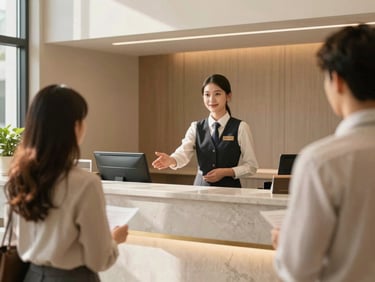 A professional hotel receptionist welcoming guests in a modern, sunlit lobby, warm architectural lighting, 35mm