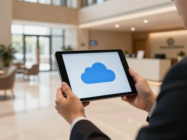 Hands of a hotel manager holding a tablet showing cloud analytics, in a warm daylight-lit modern lobby, clean corporate aesthetic, 35mm