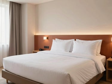 Modern hotel room interior at Ashvem Beach Inn, soft terracotta accents, clean white linens, warm natural daylight, professional hospitality photography.