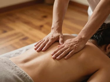 Close-up of therapist hands performing a gentle back stretch on a guest lying on a traditional floor mat, warm teak wood tones and soft lighting.