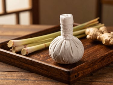 A steamed herbal compress ball resting on a dark teak wood tray next to loose lemongrass and ginger, soft golden lighting.