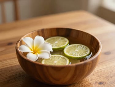 A wooden bowl of warm water with sliced lime and plumeria flowers, soft golden indoor light, shallow depth of field.