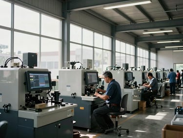 Bustling modern manufacturing floor in Querétaro, crisp high-contrast daylight streaming through high windows, clean industrial machinery, professional atmosphere.