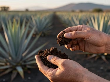 Macro detail of hands inspecting rich volcanic soil in an agave field in Jalisco, warm golden hour lighting, soft focus on background rows of blue agave.