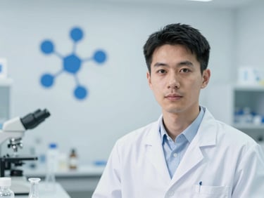 Professional portrait of a male molecular biologist in a clean lab coat, sterile lab background with subtle blue molecular patterns, crisp lighting, 50mm.