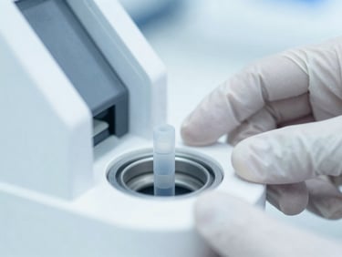 Close-up of a microcentrifuge tube with a magnetic separation column, showing a researcher's gloved hand, clean clinical photography, bright high-key laboratory lighting, sterile white and light-blue tones, macro depth of field, 50mm.