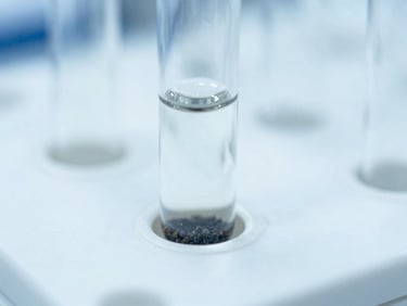 Macro photograph of a microcentrifuge tube containing a magnetic separation column, with a clear liquid above a dark magnetic pellet, under cool, crisp laboratory lighting.