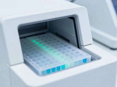 Laboratory scene with qPCR machine and fluorescent wells, clean clinical photography, bright high-key laboratory lighting, sterile white and light-blue tones, macro depth of field, 50mm.