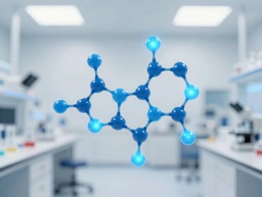 Molecular network graphics with blue glowing particles, representing a high-tech biotechnology laboratory atmosphere, clean clinical photography, bright high-key laboratory lighting, sterile white and light-blue tones, macro depth of field, 50mm.