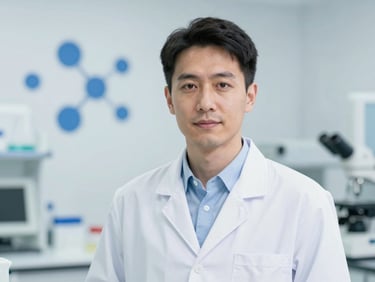 Professional portrait of a male molecular biologist in a clean lab coat, sterile lab background with subtle blue molecular patterns, crisp lighting, 50mm.