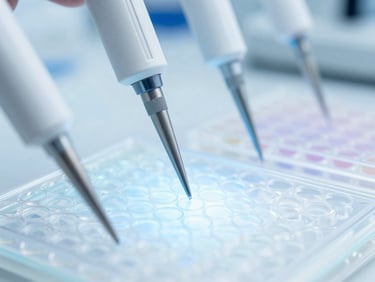 Macro photography of precision pipettes and micro-well plates under a microscope, with soft blue backlighting, in a sterile lab.