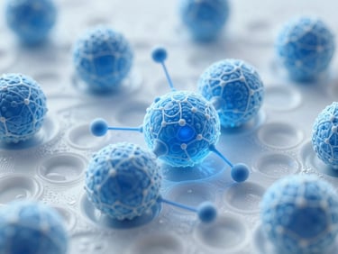 Detailed 3D illustration of spherical magnetic nanoparticles binding to lipid-bilayer exosomes, with molecular network visualizations and crisp blue light.