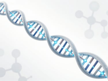 Clean 3D render of a DNA double helix with glowing blue particles, against a sterile white background with subtle molecular patterns.